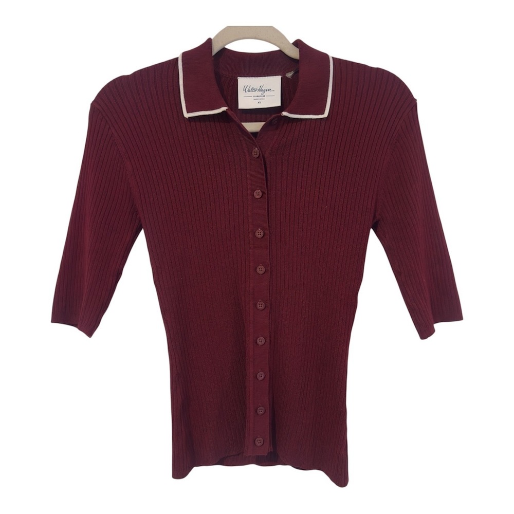 Walter Hagen Clubhouse Women XS Deep Merlot Ribbed Knit Sweater Polo WGH1001 NWT